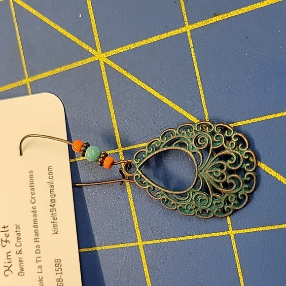 Bronze Metal Dangle Turquoise Accent Earrings - Picture 2 of 2